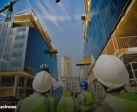 Construction workers and cranes at a building site representing a construction business