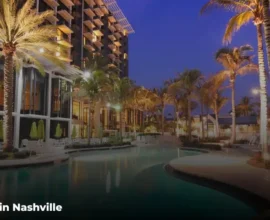 Rooftop hotel pool with Nashville skyline view