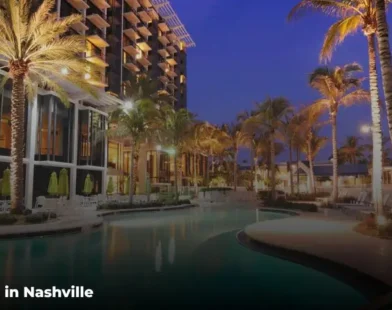 Rooftop hotel pool with Nashville skyline view