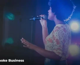 Karaoke business setup with microphone, sound system and stage