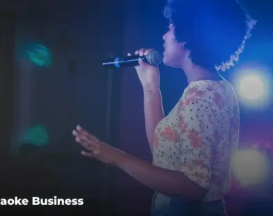 Karaoke business setup with microphone, sound system and stage