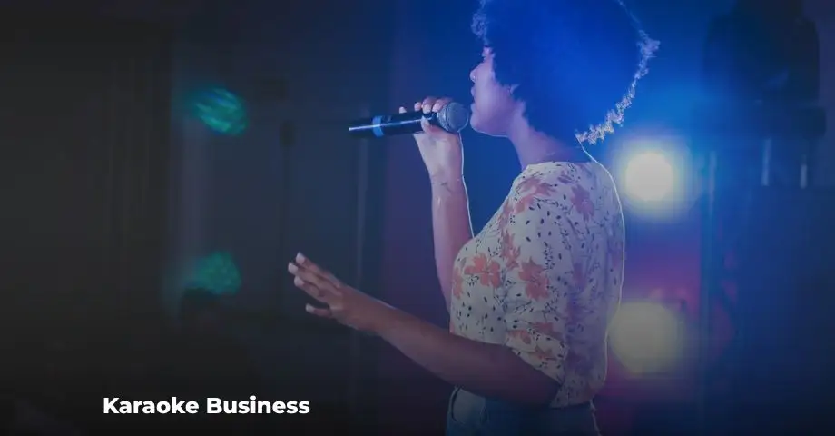 Karaoke business setup with microphone, sound system and stage
